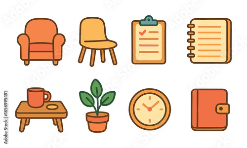 Therapy Session Icons. Flat vector mini-illustrations therapy session elements in colors children's