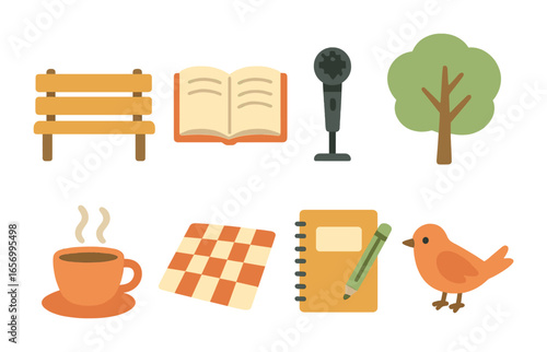 Outdoor Poetry Icons. Flat vector mini-illustrations outdoor poetry readings in colors children's