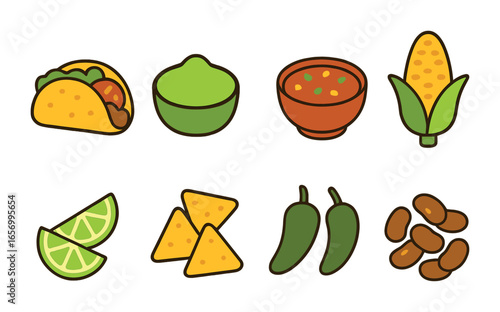 Street Food Fiesta. Flat vector mini-illustrations street food party in colors children's illustrations: tacos