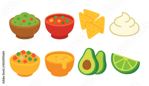 Colorful Mexican Dips. Flat vector mini-illustrations Mexican dips in colors children's illustrations: