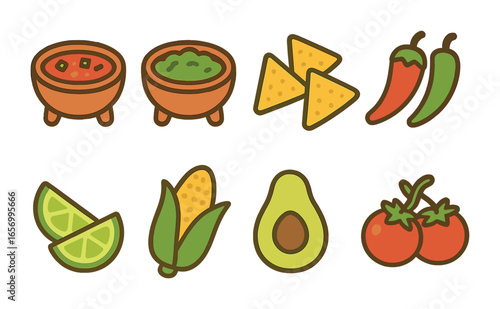 Fiesta Snack Icons. Flat vector mini-illustrations fiesta snacks in colors children's illustrations: salsa