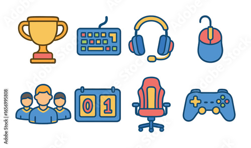 Esports Icons Grid. Flat vector mini-illustrations esports tournaments in colors children's illustrations: