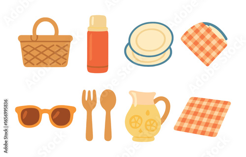 Retro Picnic Essentials. Flat vector mini-illustrations retro picnic accessories in colors children's