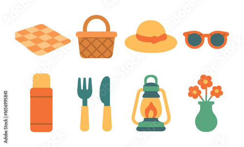 Children's Picnic Icons. Flat vector mini-illustrations outdoor picnic setting in colors children's