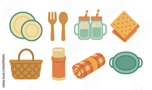 Retro Picnic Tableware Icons. Flat vector mini-illustrations retro picnic tableware in colors children's