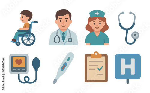 Children's Hospital Icons. Flat vector mini-illustrations hospital checkup in colors children's illustrations: