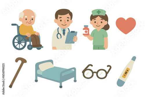 Elderly Care Icons. Flat vector mini-illustrations elderly care visit in colors children's illustrations:
