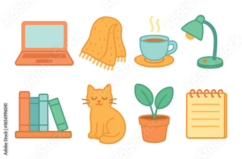 Cozy Home Office Icons. Flat vector mini-illustrations cozy work-from-home setup in colors children's