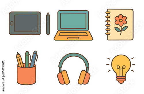 Creative Workspace Icons. Flat vector mini-illustrations creative freelancer workspace in colors children's