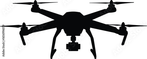 Drone silhouette with camera, quadcopter design, aerial photography, flying technology, unmanned aircraft vector, modern gadget, aviation illustration, black outline artwork