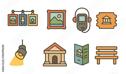 Mini Museum Icons. Flat vector mini-illustrations art museums in colors children's illustrations: gallery wall