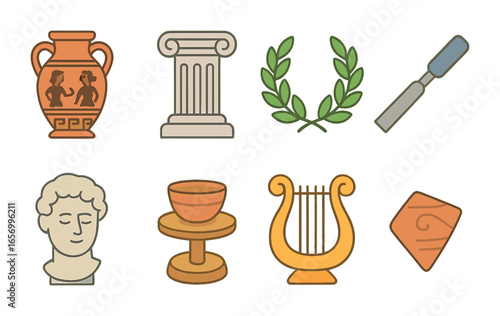 Greek Art Icons. Flat vector mini-illustrations classical Greek art in colors children's illustrations: