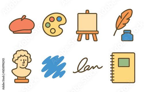 Famous Artists' Icons Grid. Flat vector mini-illustrations famous artists’ symbols in colors children's