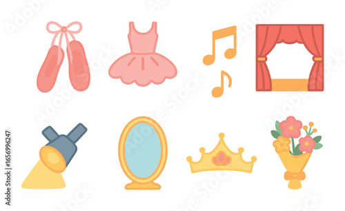 Ballet Icon Grid. Flat vector mini-illustrations ballet in advertising in colors children's illustrations: