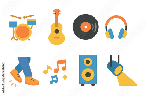 Musical Icons Grid. Flat vector mini-illustrations music and dance commercials in colors children's