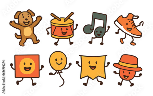Playful Brand Mascots. Flat vector mini-illustrations brand mascots dancing in ads in colors children's