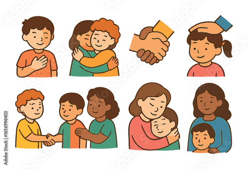 Touching Hearts Illustrations. Flat vector mini-illustrations emotional connection through touch in colors