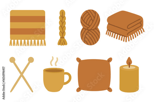 Cozy Crafts Layout. Flat vector mini-illustrations rustic fringe blankets in colors children's illustrations: