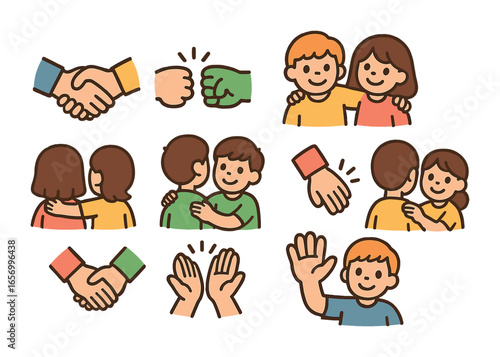 Friendly Touch Gestures. Flat vector mini-illustrations friendly touch gestures in colors children's