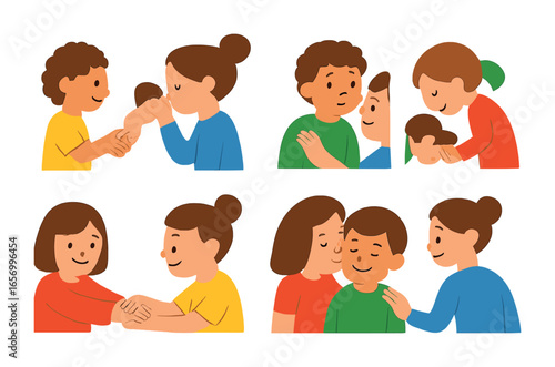 Cultural Gesture Icons. Flat vector mini-illustrations touch in cultural ceremonies in colors children's