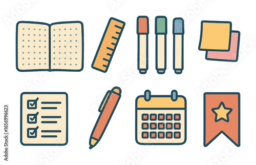 Bullet Journal Icons. Flat vector mini-illustrations bullet journaling in colors children's illustrations: