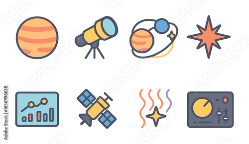 Space Study Icons. Flat vector mini-illustrations space telescopes for exoplanet study in colors children's