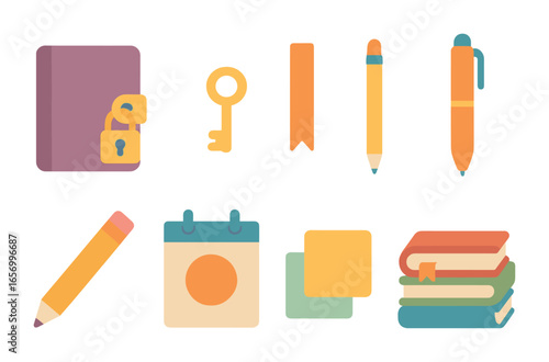 Children's Journal Icons. Flat vector mini-illustrations journal with lock in colors children's illustrations: