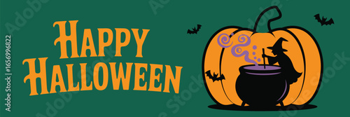 Happy halloween banner with pumpkin, witch stirring cauldron, and bats on a green background design element