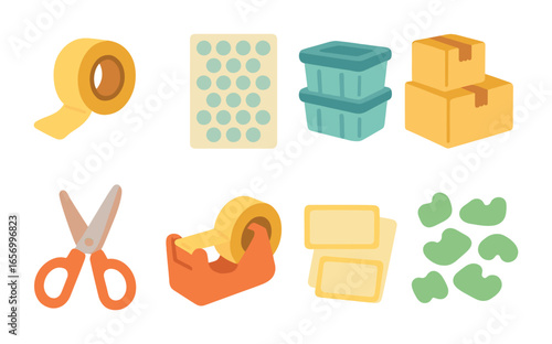 Kids' Packing Icons. Flat vector mini-illustrations storage and packing in colors children's illustrations: