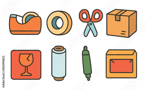 Packing Essentials Icons. Flat vector mini-illustrations packaging essentials in colors children's