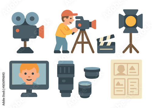 Film Set Icons. Flat vector mini-illustrations a director adjusting the camera on set for a close-up shot in