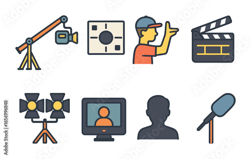 Film Set Icons. Flat vector mini-illustrations directing close-up scenes in colors children's illustrations: