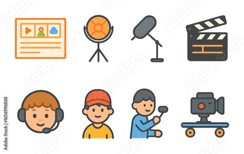 Children's Film Set Icons. Flat vector mini-illustrations movie scene preparation in colors children's