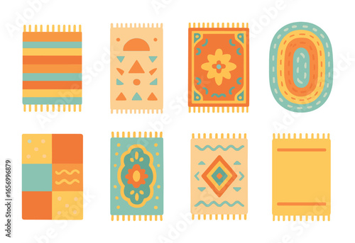 Colorful Rug Icons. Flat vector mini-illustrations handmade carpet designs in colors children's illustrations: