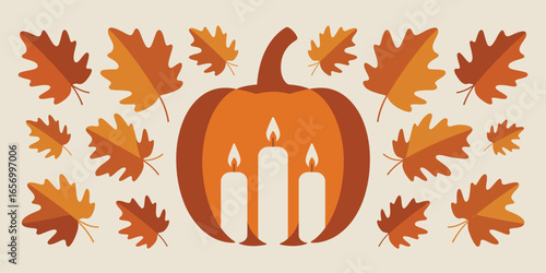 A festive fall illustration featuring a pumpkin with candles and autumn leaves on a light background