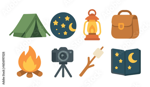 Children's Night Camping. Flat vector mini-illustrations Camp setup for night photography in colors children's