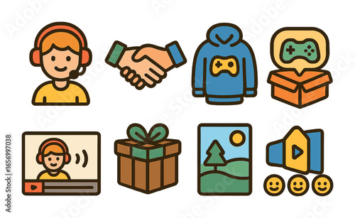 Interactive Influencer Icons. Flat vector mini-illustrations Gaming influencers and brands in colors