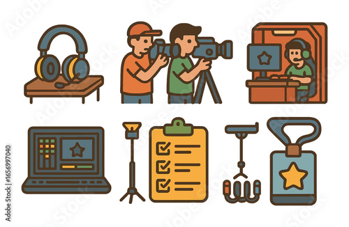 Esports Event Icons. Flat vector mini-illustrations Behind-the-scenes at esports events in colors children's