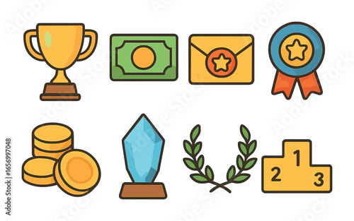 Colorful Prize Icons. Flat vector mini-illustrations Prize pools and rewards in colors children's