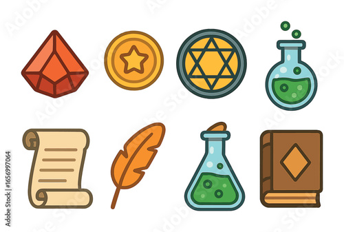 Alchemy Symbols for Kids. Flat vector mini-illustrations Alchemy symbols and tools in colors children's