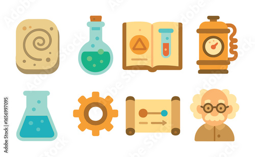 Alchemy Timeline Icons. Flat vector mini-illustrations Alchemy through time in colors children's illustrations