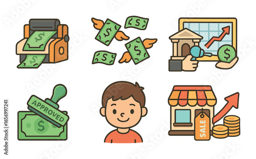 Monetary Growth Icons. Flat vector mini-illustrations monetary expansion in colors children's illustrations: