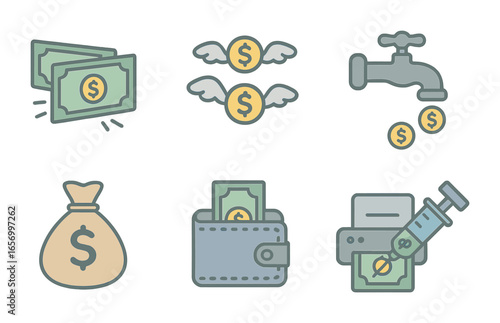 Playful Money Icons. Flat vector mini-illustrations money supply in colors children's illustrations: expanding