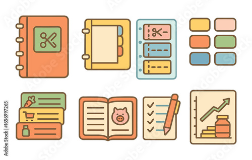 Colorful Coupon Organizer. Flat vector mini-illustrations coupon binder in colors children's illustrations: