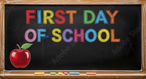 First Day of School on Blackboard with Apple and Chalk