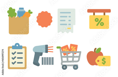Grocery Shopping Icons. Flat vector mini-illustrations grocery shopping savings in colors children's