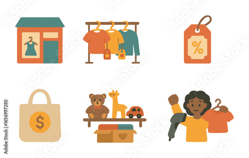 Thrift Store Icons. Flat vector mini-illustrations thrift shopping in colors children's illustrations: