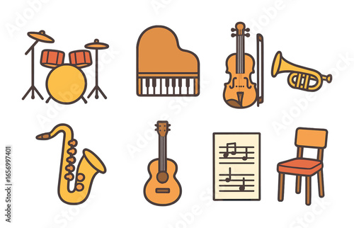 Children's Musical Instruments. Flat vector mini-illustrations musical instruments in theater band in colors
