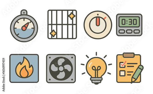 Oven Care Icons. Flat vector mini-illustrations oven maintenance in colors children's illustrations: oven