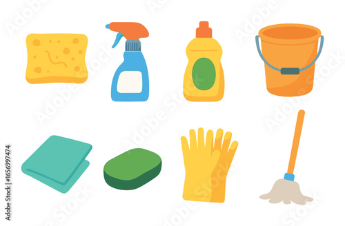 Colorful Kitchen Cleaning Icons. Flat vector mini-illustrations kitchen cleaning tools in colors children's